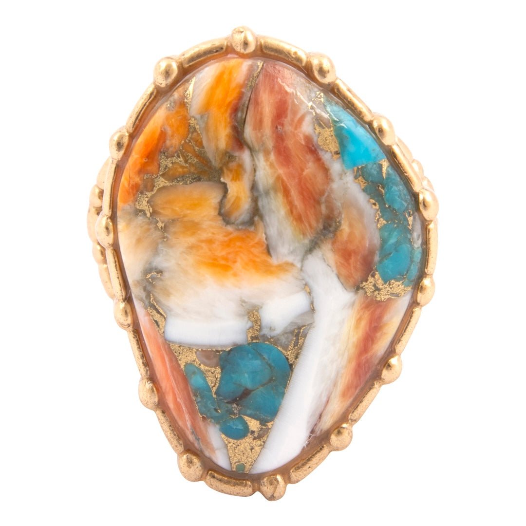 Modern Edge Turquoise and Spiny Oyster Shell Matrix Stone Golden Ring Rings La Vie Bien Modern Edge Turquoise and Spiny Oyster Shell Matrix Stone Golden Ring