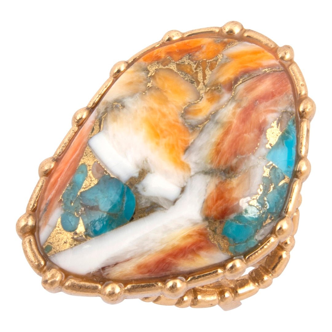 Modern Edge Turquoise and Spiny Oyster Shell Matrix Stone Golden Ring Rings La Vie Bien Modern Edge Turquoise and Spiny Oyster Shell Matrix Stone Golden Ring