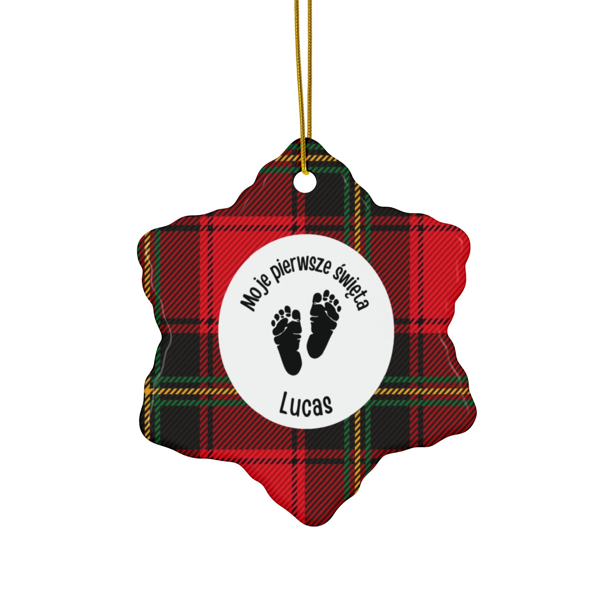 Moje pierwsze święta - Personalized Baby’s First Christmas Ceramic Ornament — Red Tartan Double-Sided by Printify