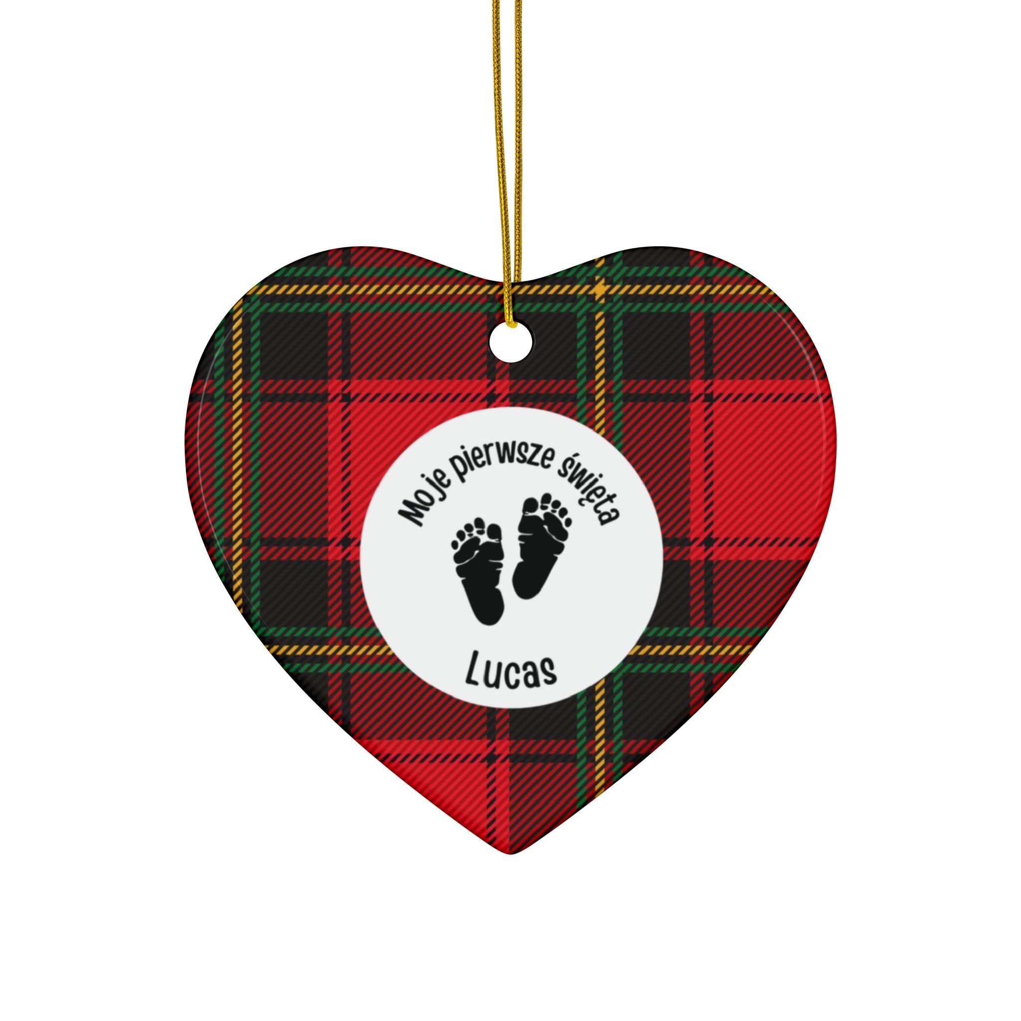 Moje pierwsze święta - Personalized Baby’s First Christmas Ceramic Ornament — Red Tartan Double-Sided by Printify