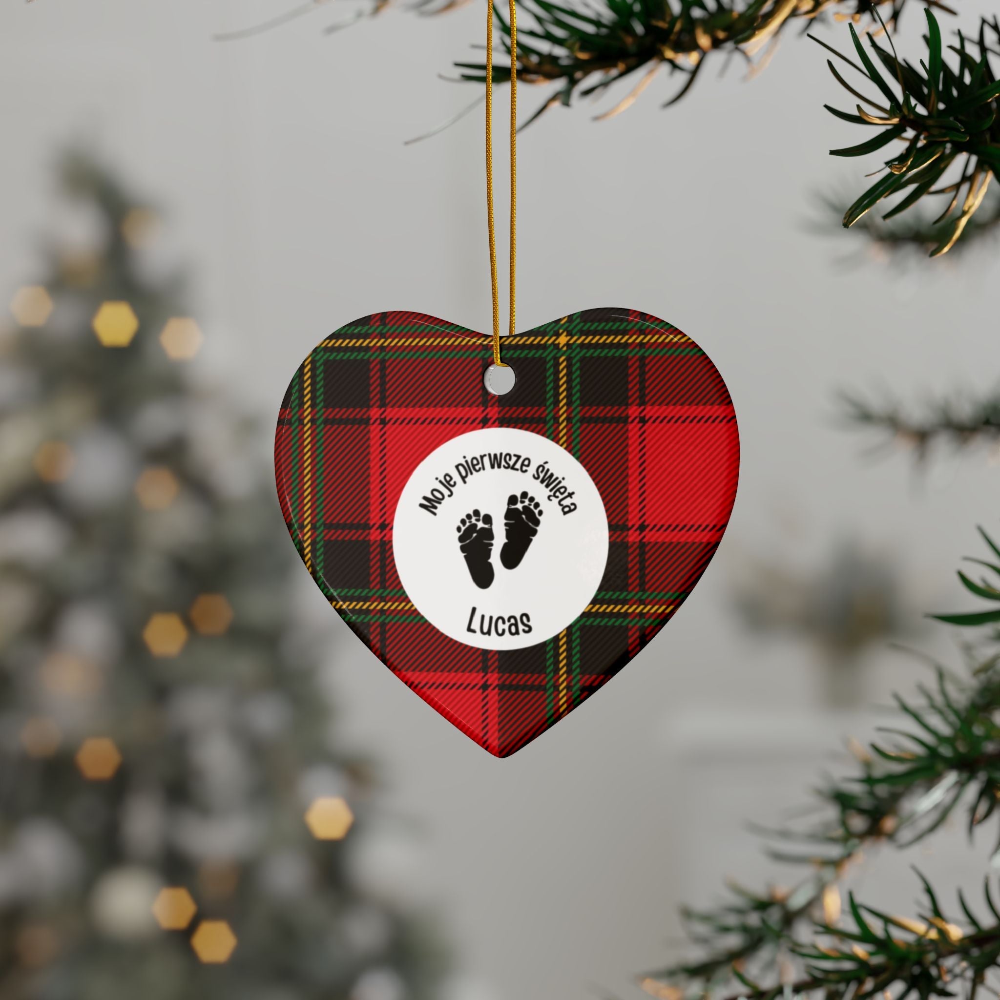Moje pierwsze święta - Personalized Baby’s First Christmas Ceramic Ornament — Red Tartan Double-Sided by Printify