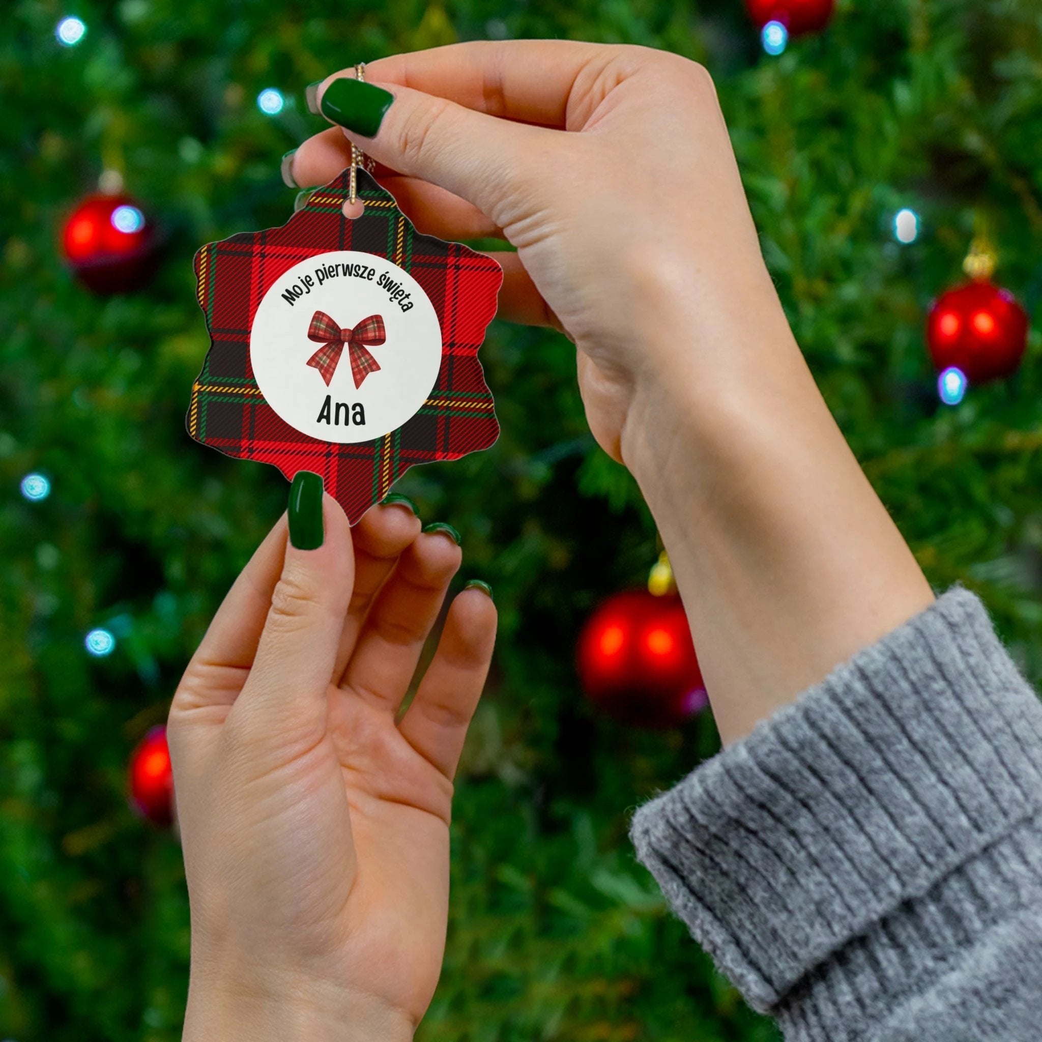 Moje pierwsze święta Polish Personalized Ceramic Ornament - Red Tartan, Baby's First Christmas by Printify