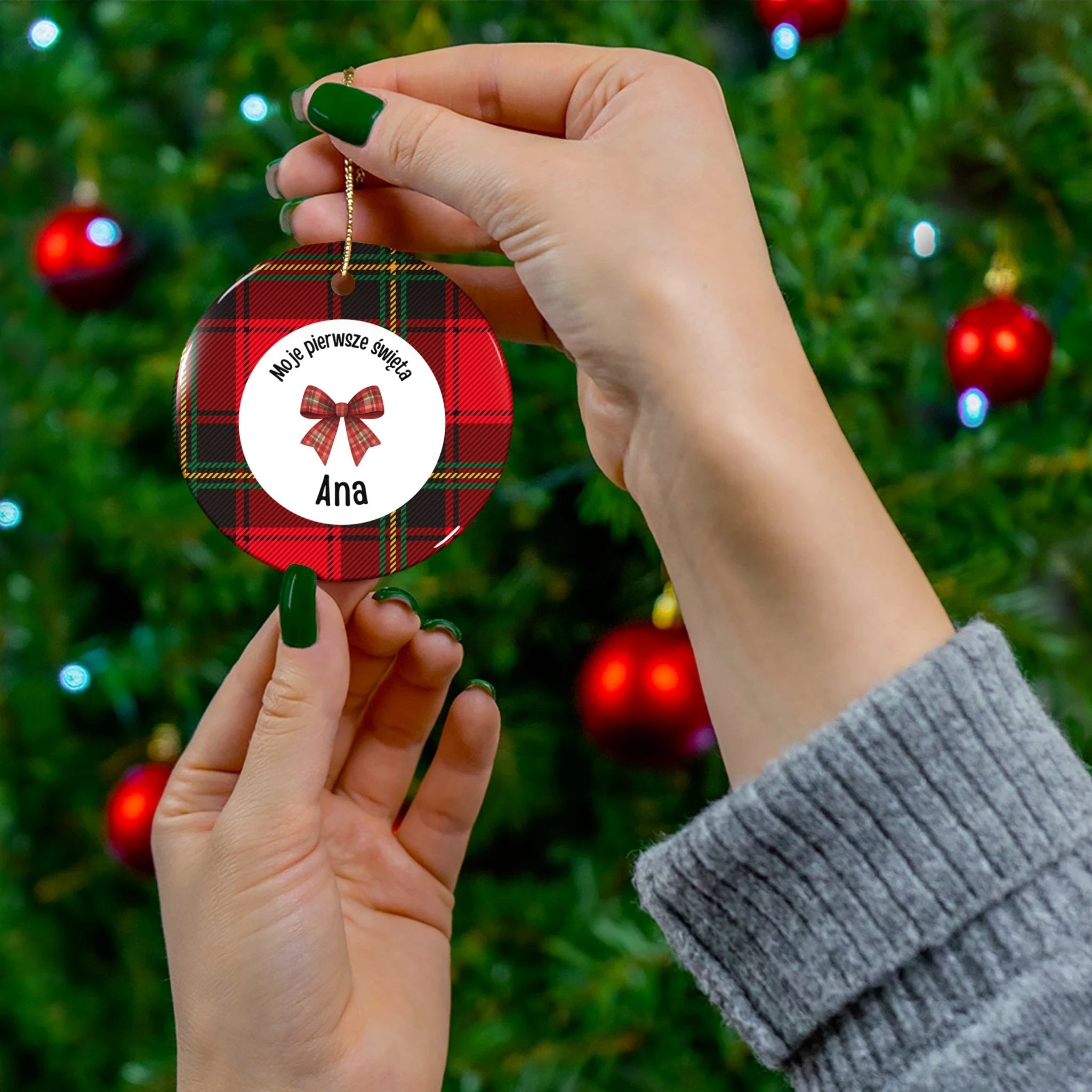 Moje pierwsze święta Polish Personalized Ceramic Ornament - Red Tartan, Baby's First Christmas by Printify
