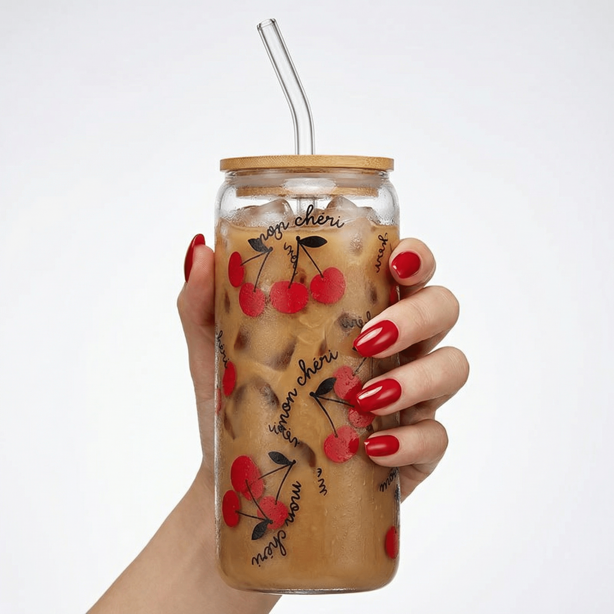 Mon Cheri Glass Tumbler with Bamboo Lid and Glass Straw | Travel Drinkware | 20oz Tumblers La Vie Bien Mon Cheri Glass Tumbler with Bamboo Lid and Glass Straw | Travel Drinkware | 20oz
