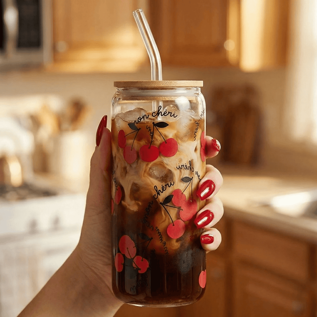 Mon Cheri Glass Tumbler with Bamboo Lid and Glass Straw | Travel Drinkware | 20oz by The Bullish Store