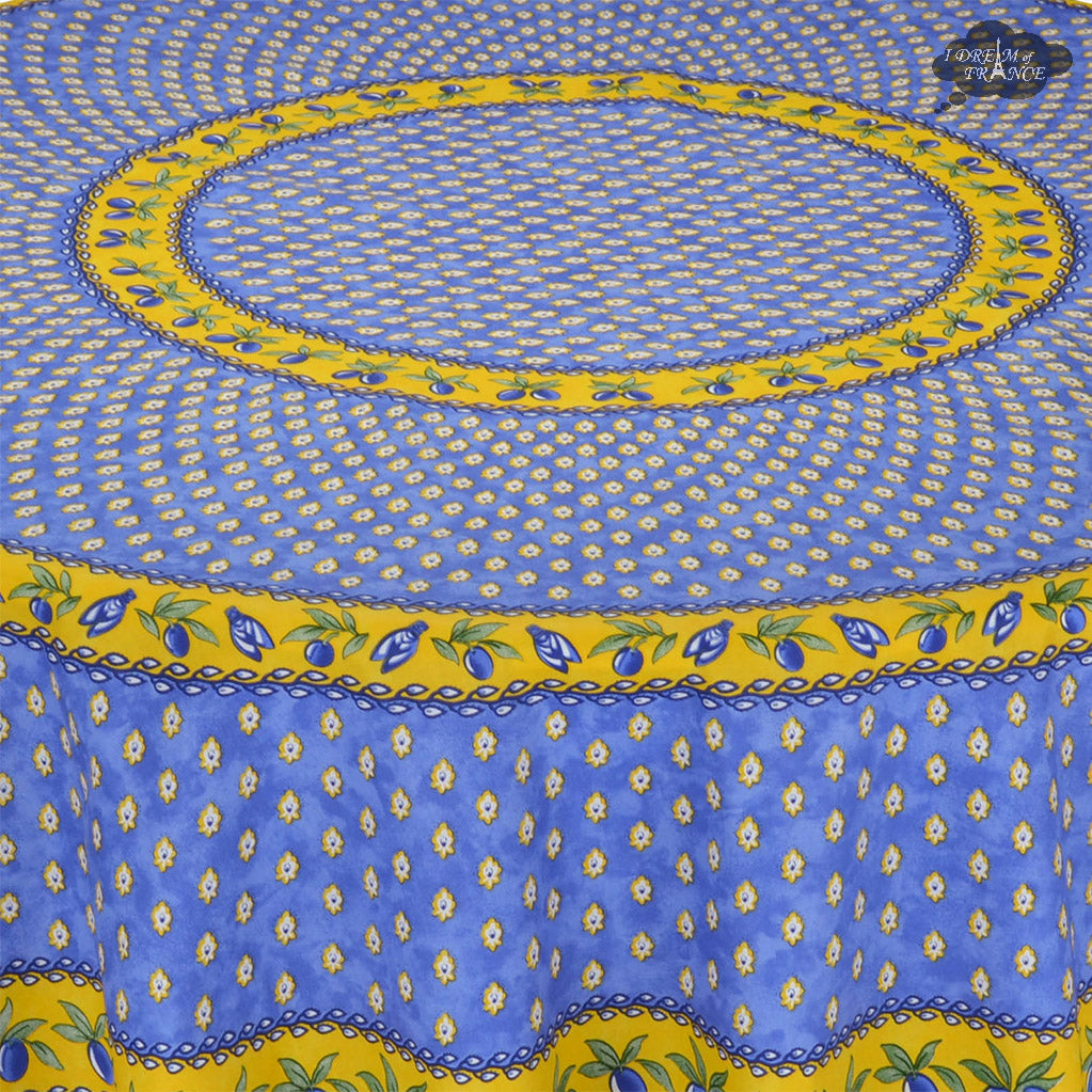 French Provencal tablecloth - Acrylic coated cotton, Spill-proof - 70" Round - Monaco blue | Le Cluny