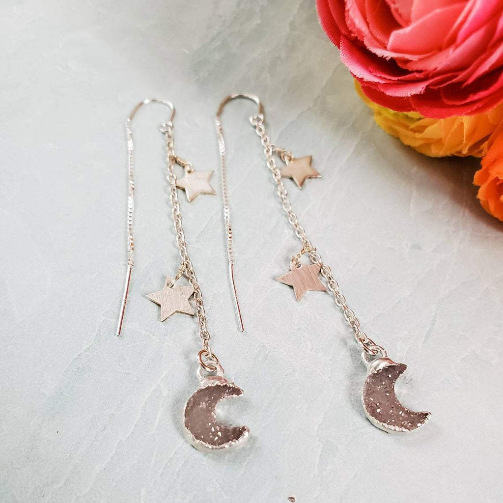 Moon and Star Druzy Threader Earrings Crystal Earrings La Vie Bien Moon and Star Druzy Threader Earrings