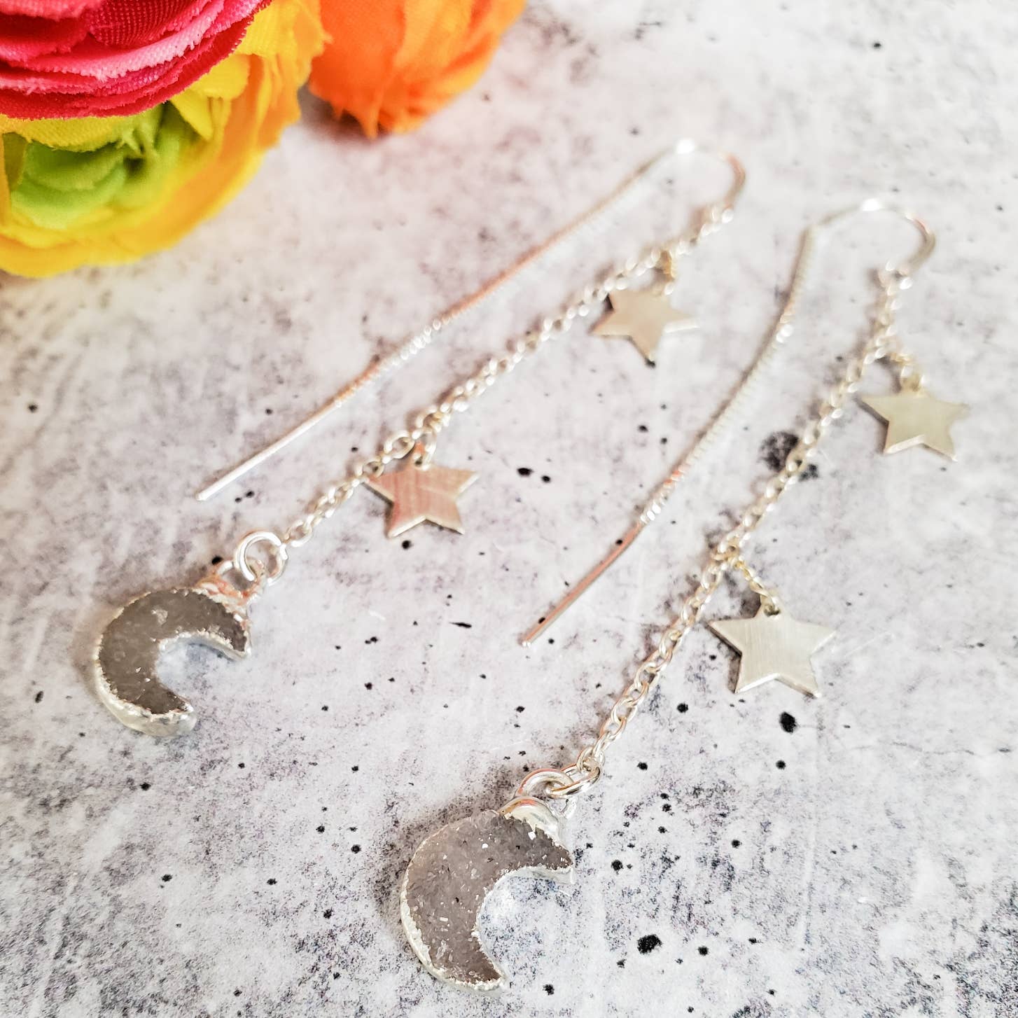 Moon and Star Druzy Threader Earrings Crystal Earrings La Vie Bien Moon and Star Druzy Threader Earrings