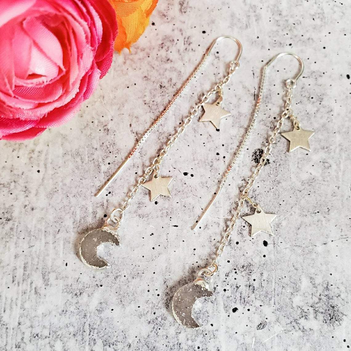 Moon and Star Druzy Threader Earrings Crystal Earrings La Vie Bien Moon and Star Druzy Threader Earrings