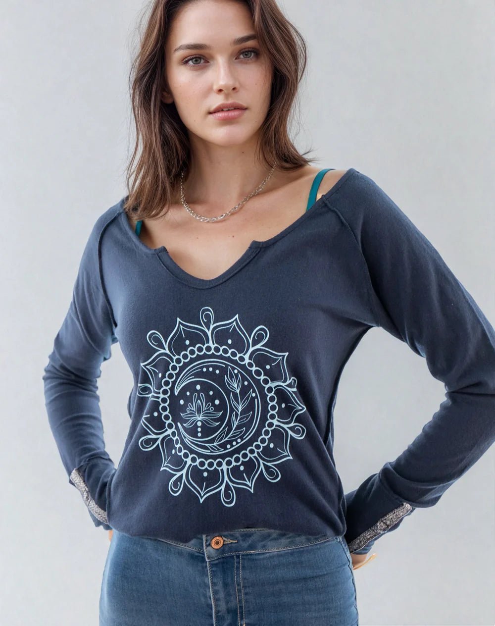 Moon Mandala Navy Cotton V - Neck Clothing La Vie Bien Moon Mandala Navy Cotton V - Neck