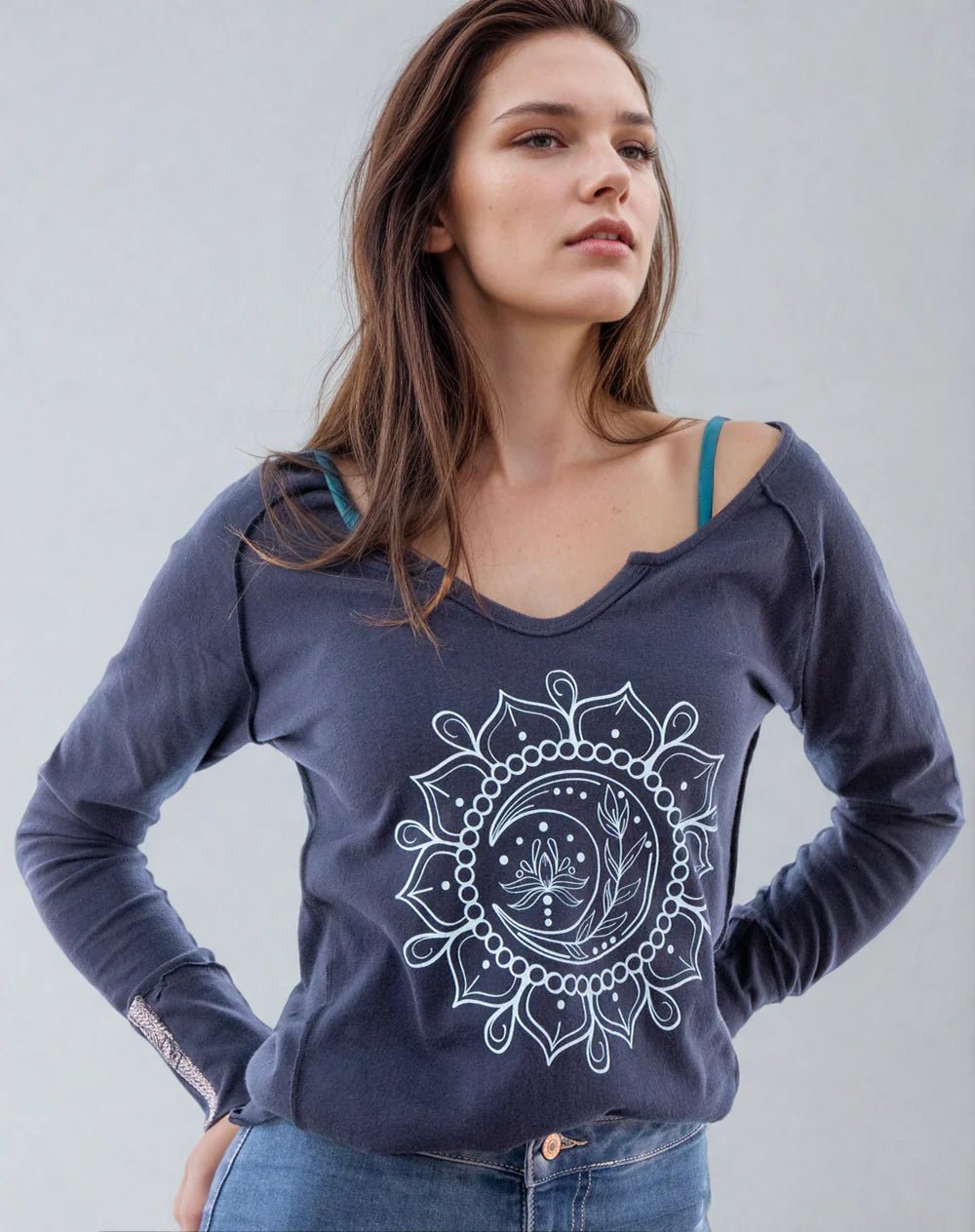 Moon Mandala Navy Cotton V - Neck Clothing La Vie Bien Moon Mandala Navy Cotton V - Neck