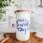 More Than Four Questions Printed Glass Can Cup by Salt Sparkle Shalom