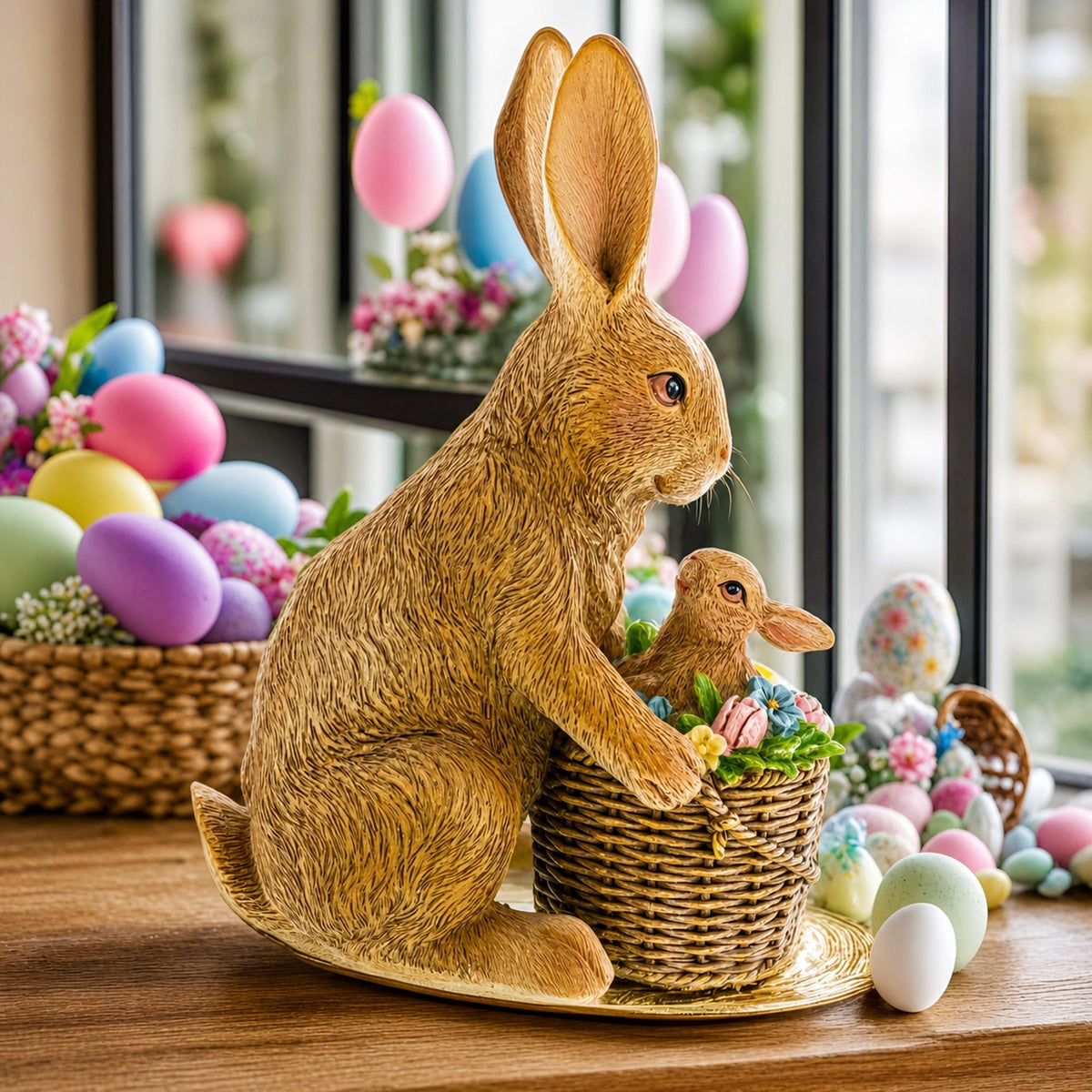 Mother & Baby Bunny Figurine Rustic Easter & Spring Decor with Floral Basket 7.4 Inches Easter > Figurines > Bunnies La Vie Bien Mother & Baby Bunny Figurine Rustic Easter & Spring Decor with Floral Basket 7.4 Inches