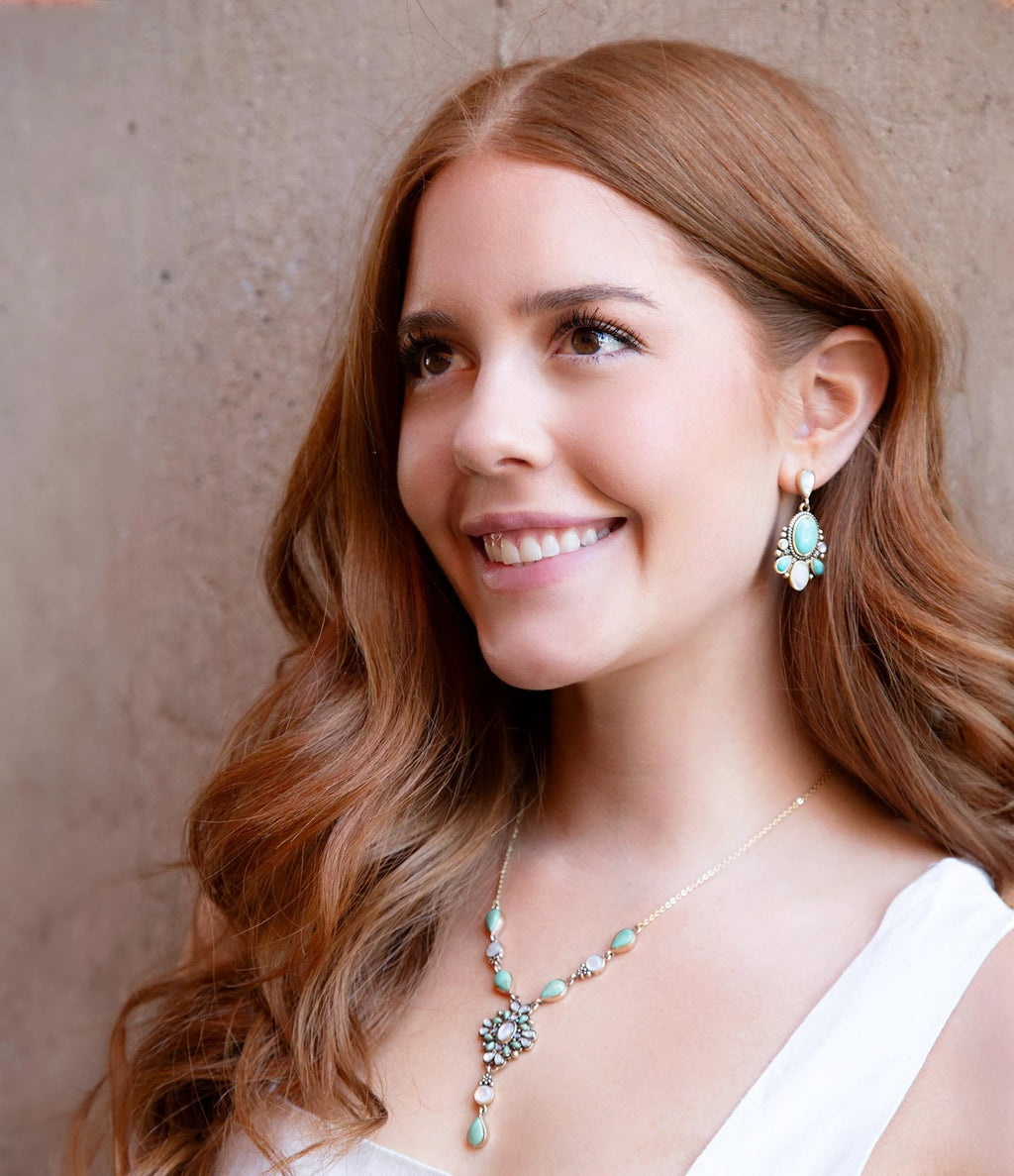 White Mother of Pearl and Blue Turquoise Golden Barcelona Y-Necklace by Barse Jewelry