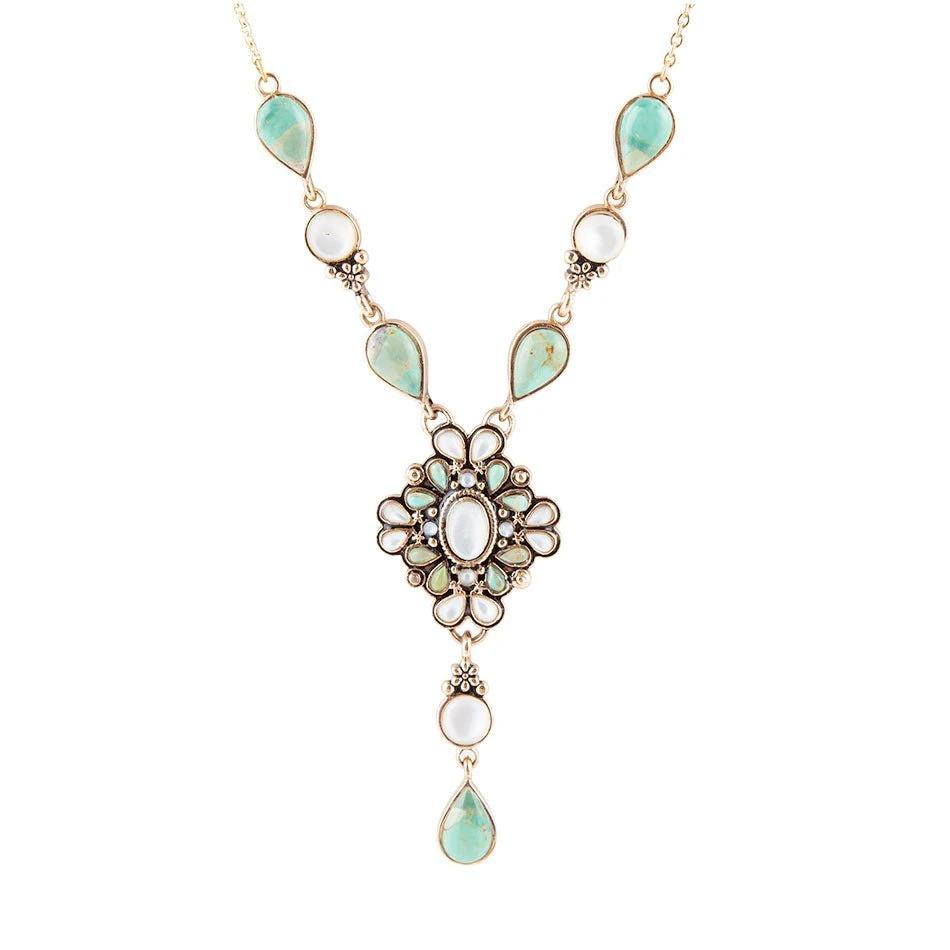 White Mother of Pearl and Blue Turquoise Golden Barcelona Y-Necklace by Barse Jewelry