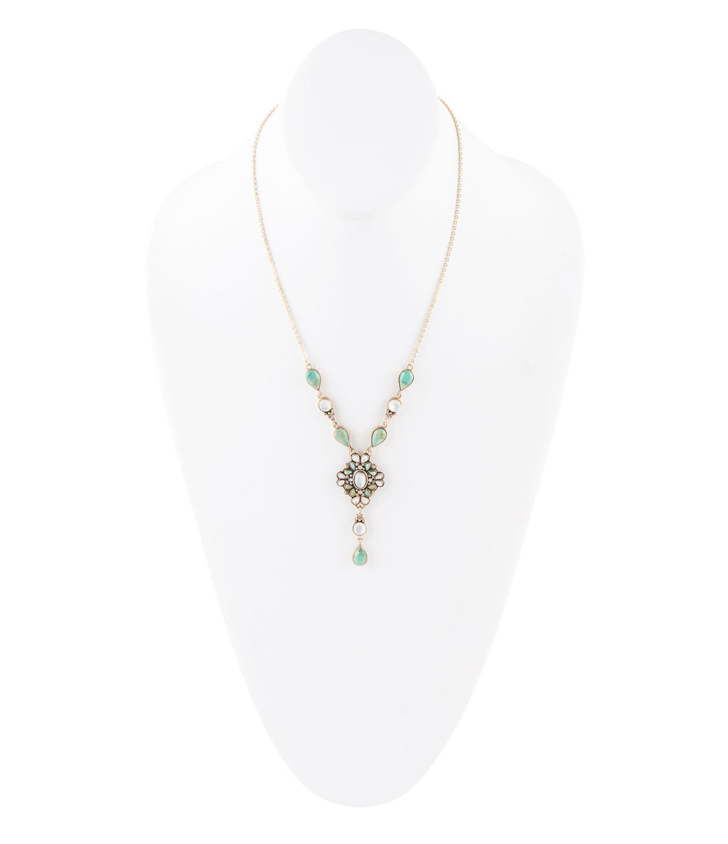 White Mother of Pearl and Blue Turquoise Golden Barcelona Y-Necklace by Barse Jewelry