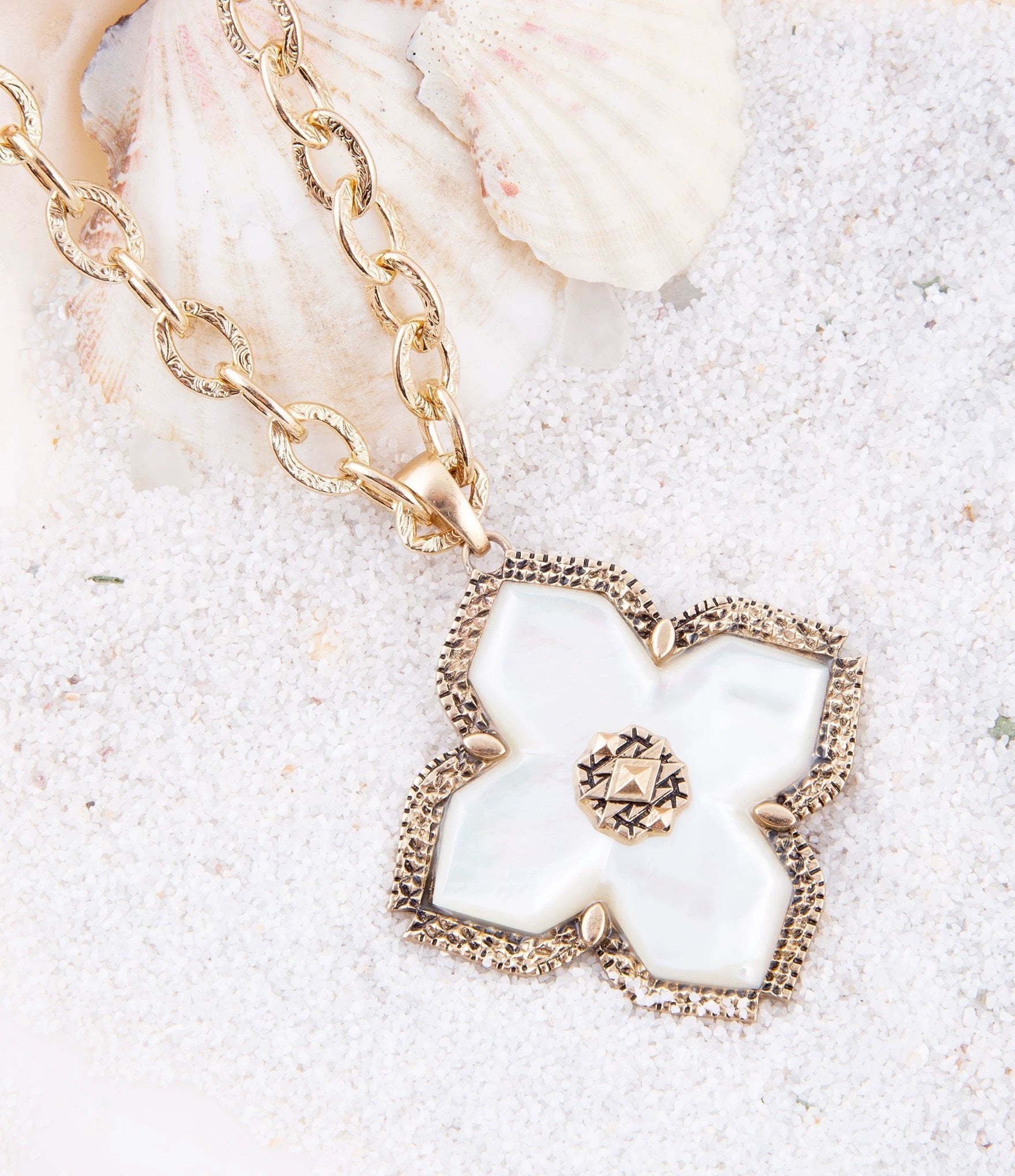 Maltese Cross White Mother of Pearl Golden Chain Pendant Necklace by Barse Jewelry
