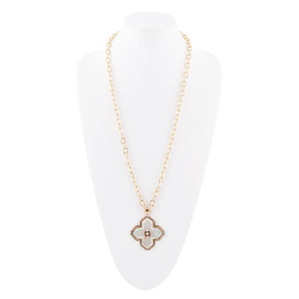 Maltese Cross White Mother of Pearl Golden Chain Pendant Necklace by Barse Jewelry