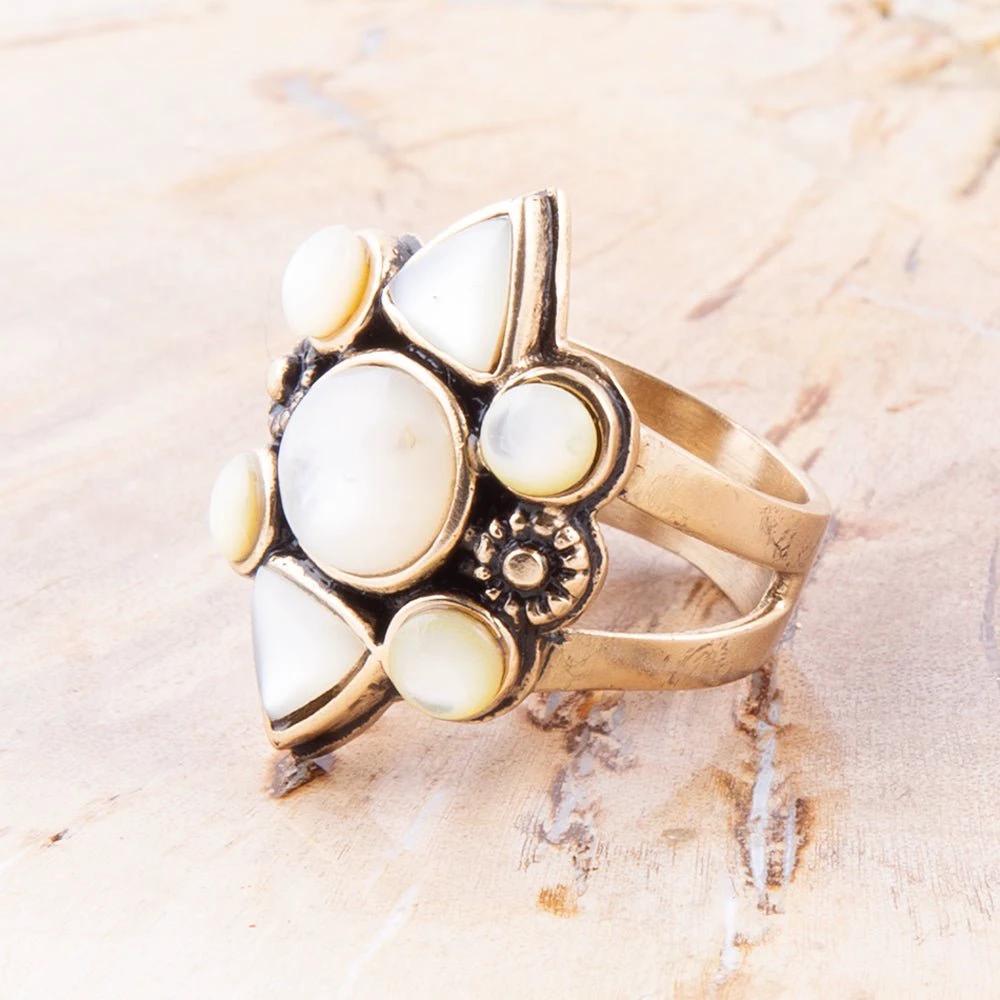 White Mother of Pearl Golden Statement Ring by Barse Jewelry