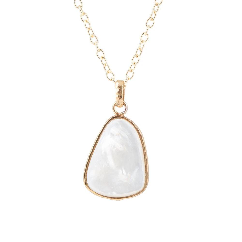 White Mother of Pearl Teardrop Golden Pendant Necklace by Barse Jewelry
