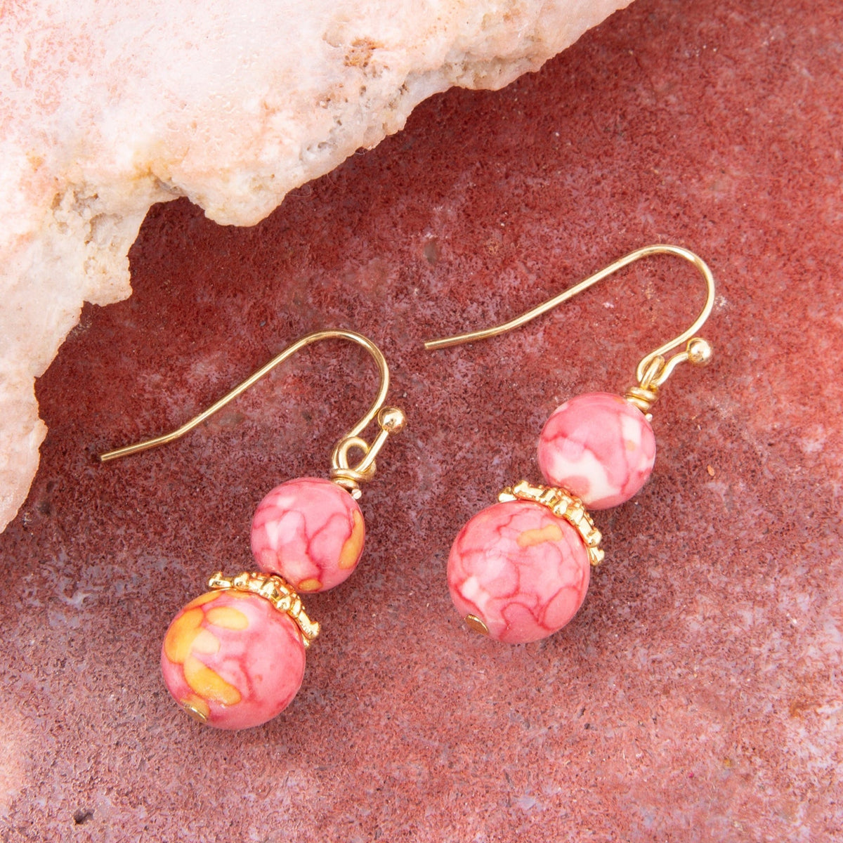 Mottled Pink Jade Golden Drop Earrings Earrings La Vie Bien Mottled Pink Jade Golden Drop Earrings