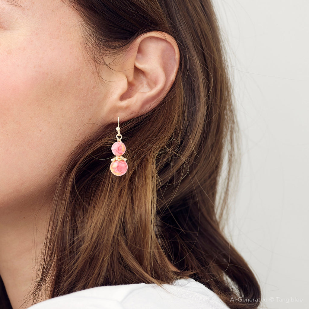 Mottled Pink Jade Golden Drop Earrings Earrings La Vie Bien Mottled Pink Jade Golden Drop Earrings