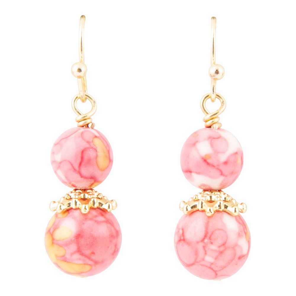 Mottled Pink Jade Golden Drop Earrings Earrings La Vie Bien Mottled Pink Jade Golden Drop Earrings