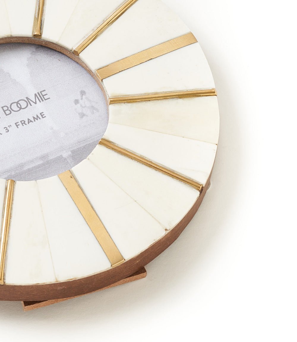Mukhendu 3x3 Round Picture Frame - Carved Bone, Brass Accents HME stock line La Vie Bien Mukhendu 3x3 Round Picture Frame - Carved Bone, Brass Accents