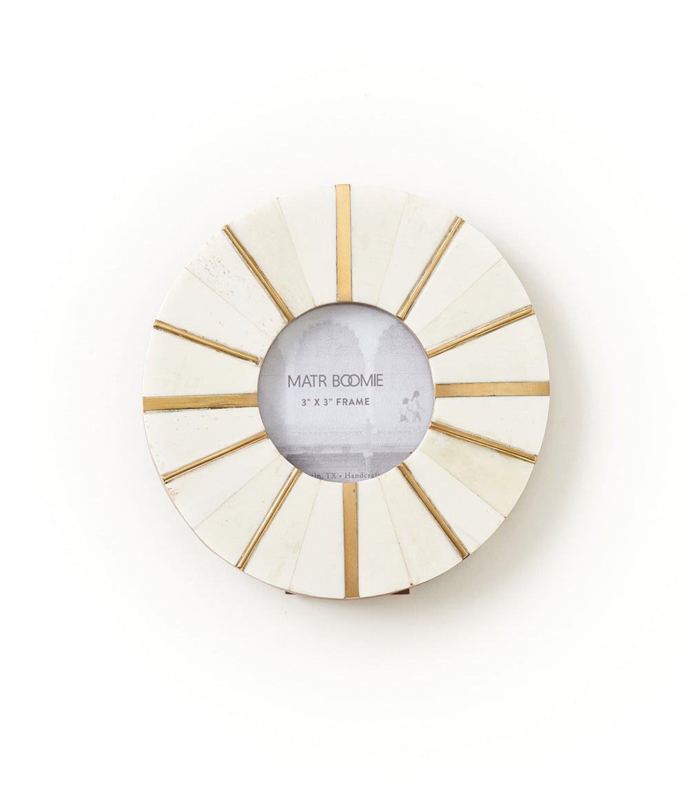 Mukhendu 3x3 Round Picture Frame - Carved Bone, Brass Accents HME stock line La Vie Bien Mukhendu 3x3 Round Picture Frame - Carved Bone, Brass Accents