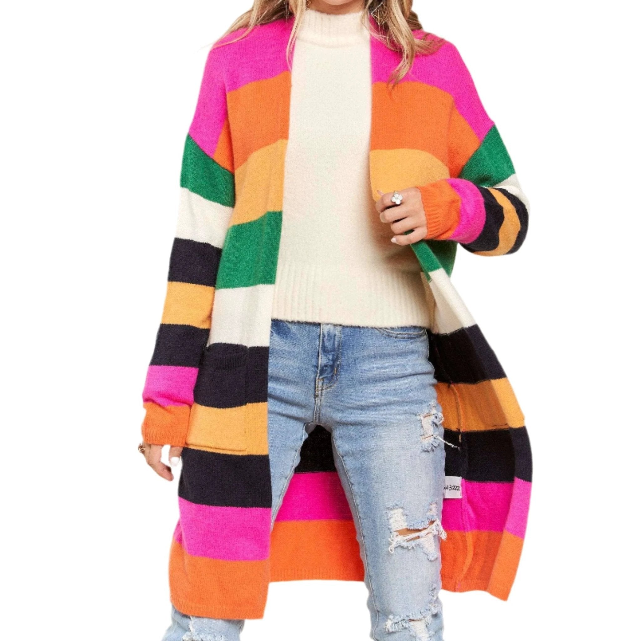 Multi Color Stripe Cardigan with Pockets | Open Front Long Knit Sweater [Sizes SM-L] by The Bullish Store