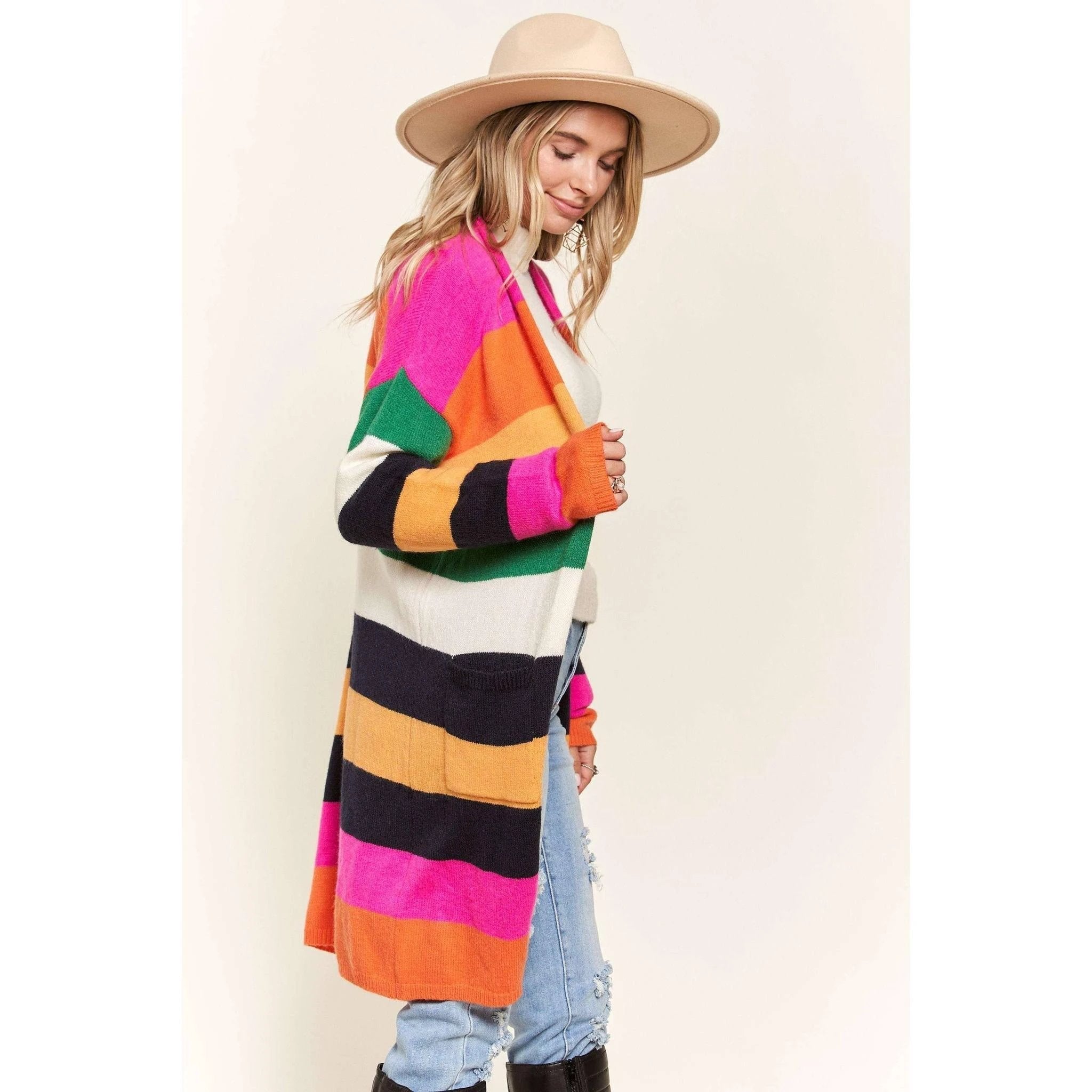 Multi Color Stripe Cardigan with Pockets | Open Front Long Knit Sweater [Sizes SM-L] by The Bullish Store