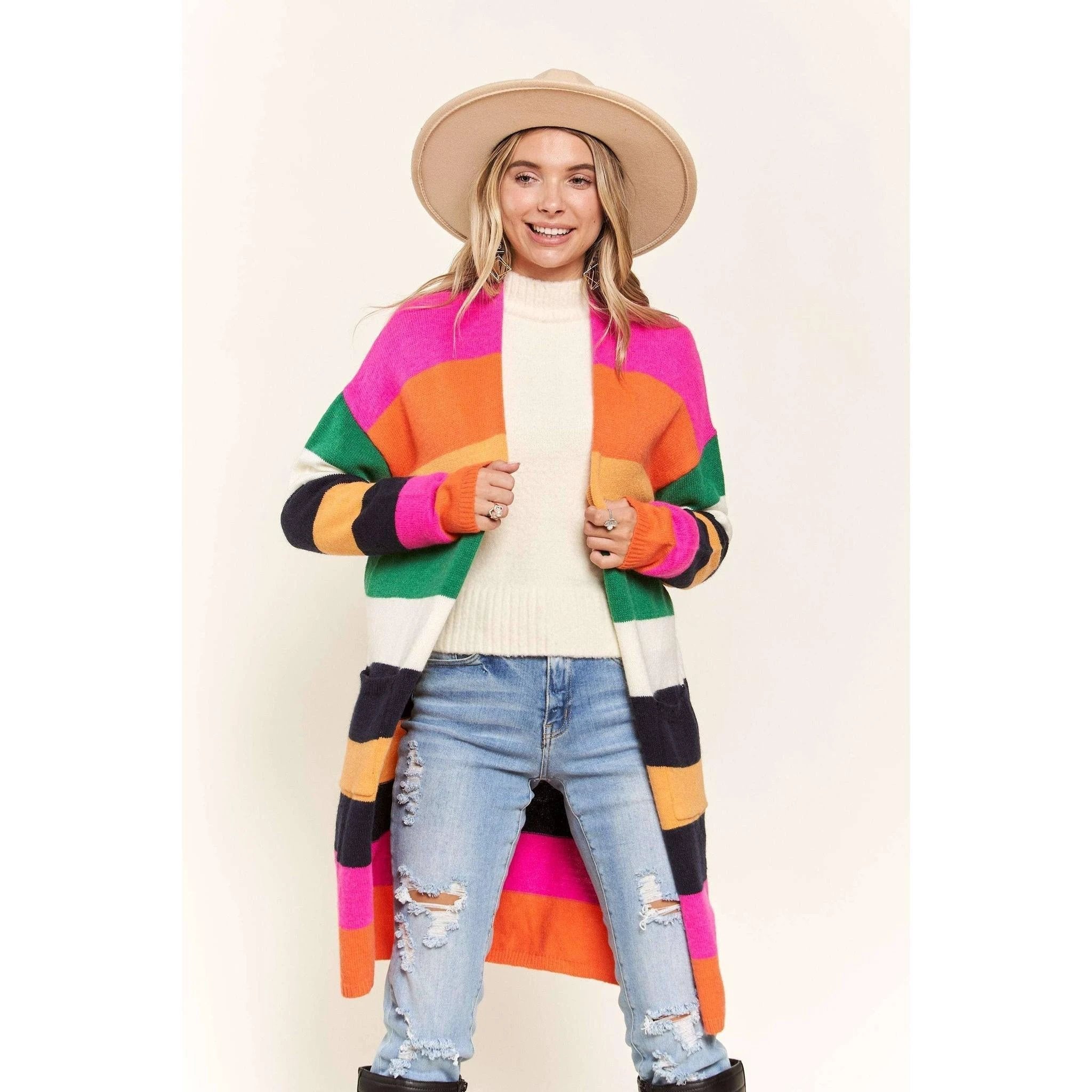 Multi Color Stripe Cardigan with Pockets | Open Front Long Knit Sweater [Sizes SM-L] by The Bullish Store