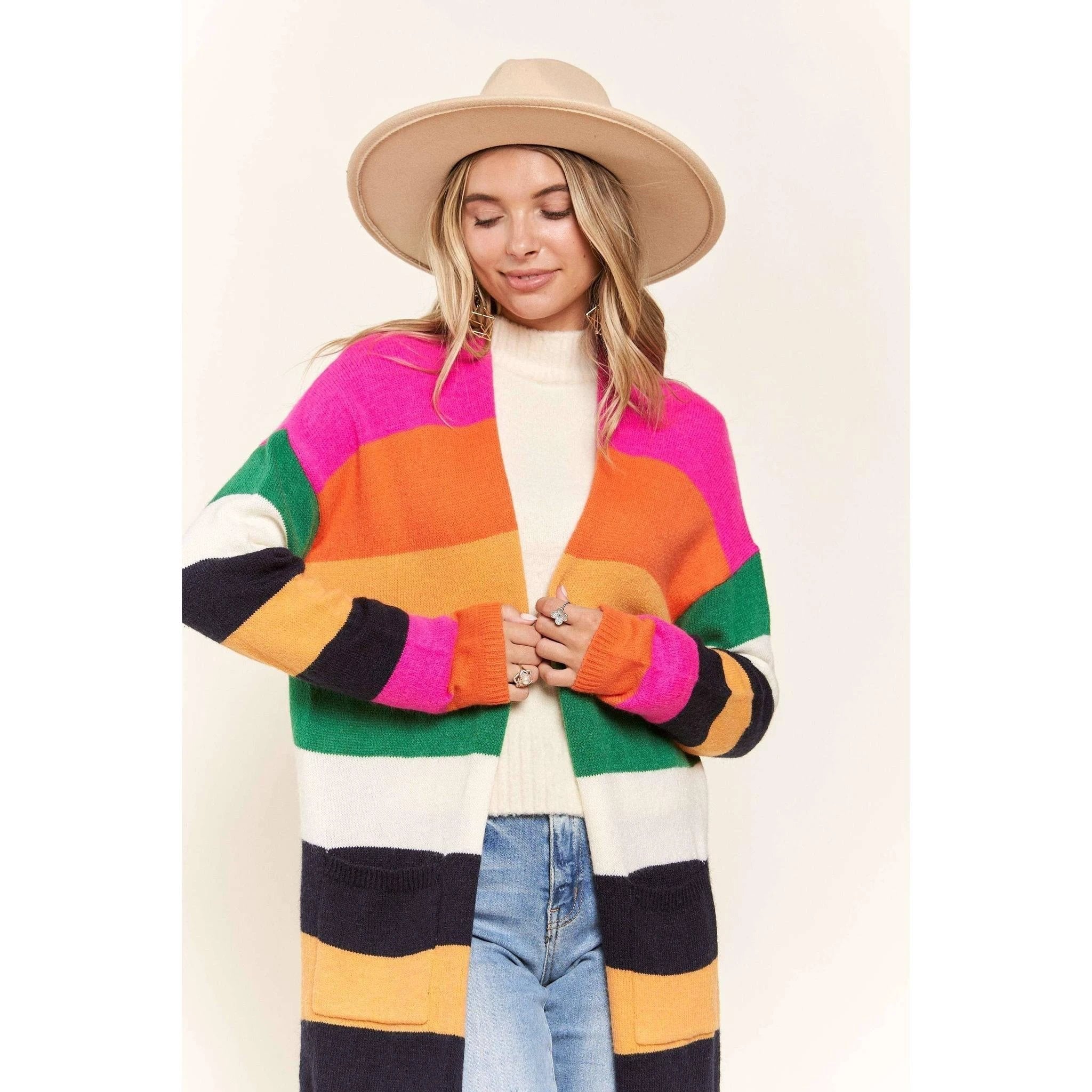 Multi Color Stripe Cardigan with Pockets | Open Front Long Knit Sweater [Sizes SM-L] by The Bullish Store