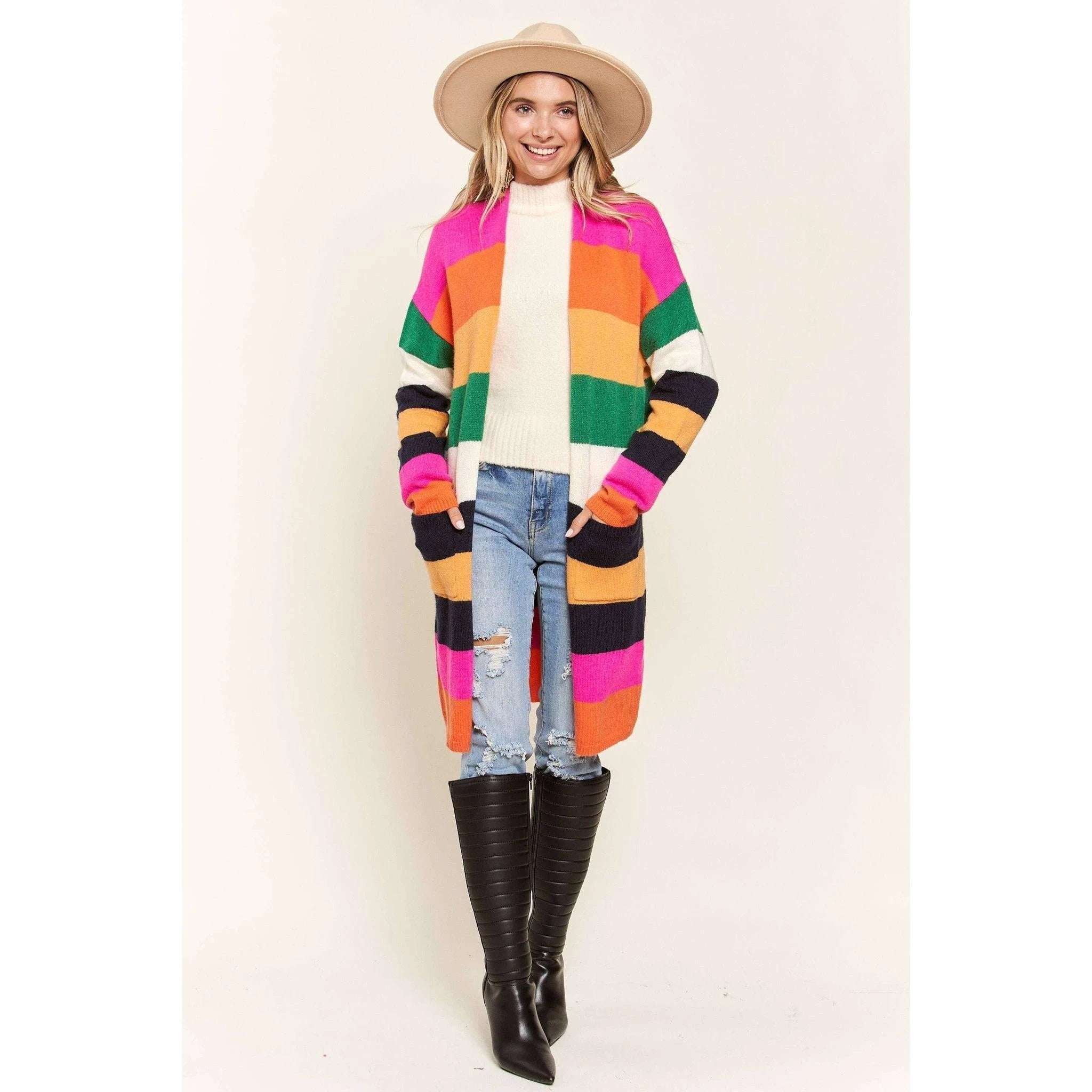 Multi Color Stripe Cardigan with Pockets | Open Front Long Knit Sweater [Sizes SM-L] by The Bullish Store