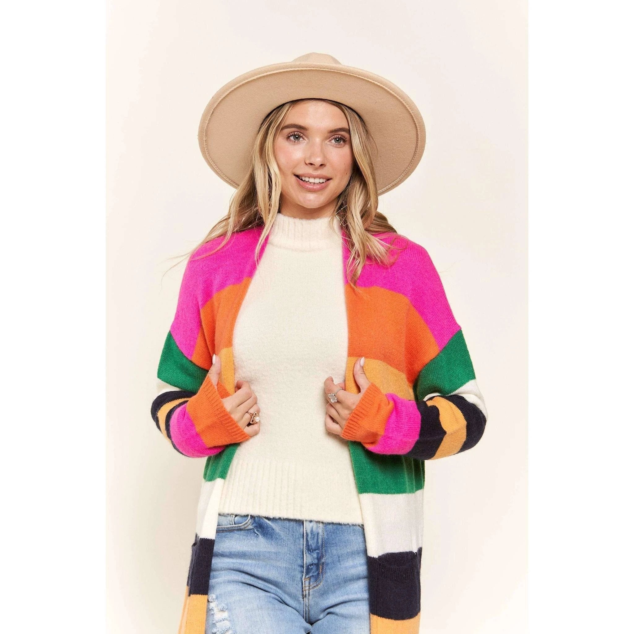 Multi Color Stripe Cardigan with Pockets | Open Front Long Knit Sweater [Sizes SM-L] by The Bullish Store