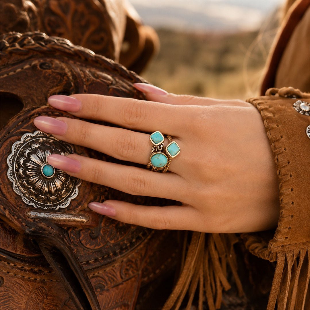 Multi-Shape Blue Turquoise and Golden Trio Ring Set Rings La Vie Bien Multi-Shape Blue Turquoise and Golden Trio Ring Set