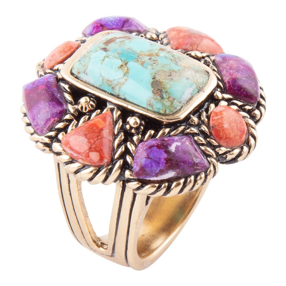 Blue Turquoise Colorful Floral Golden Ring