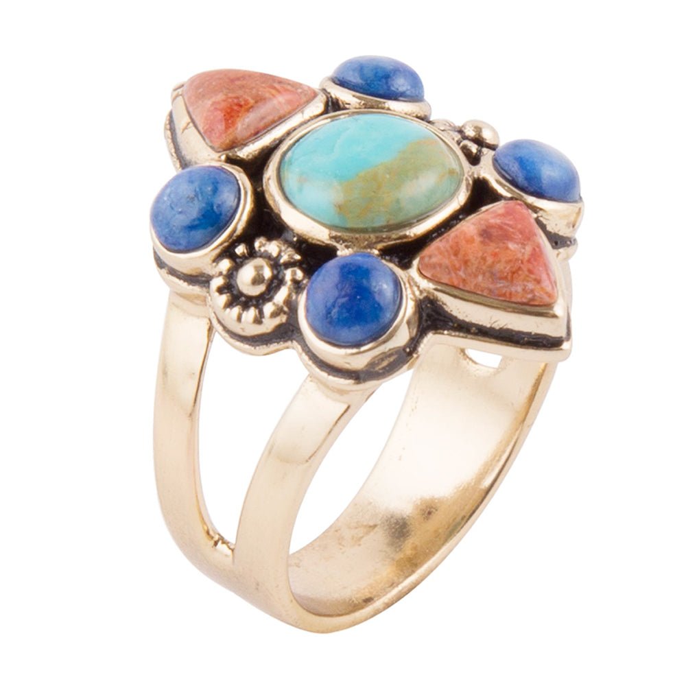 Blue Turquoise and Colorful Multi-Stone Golden Statement Ring