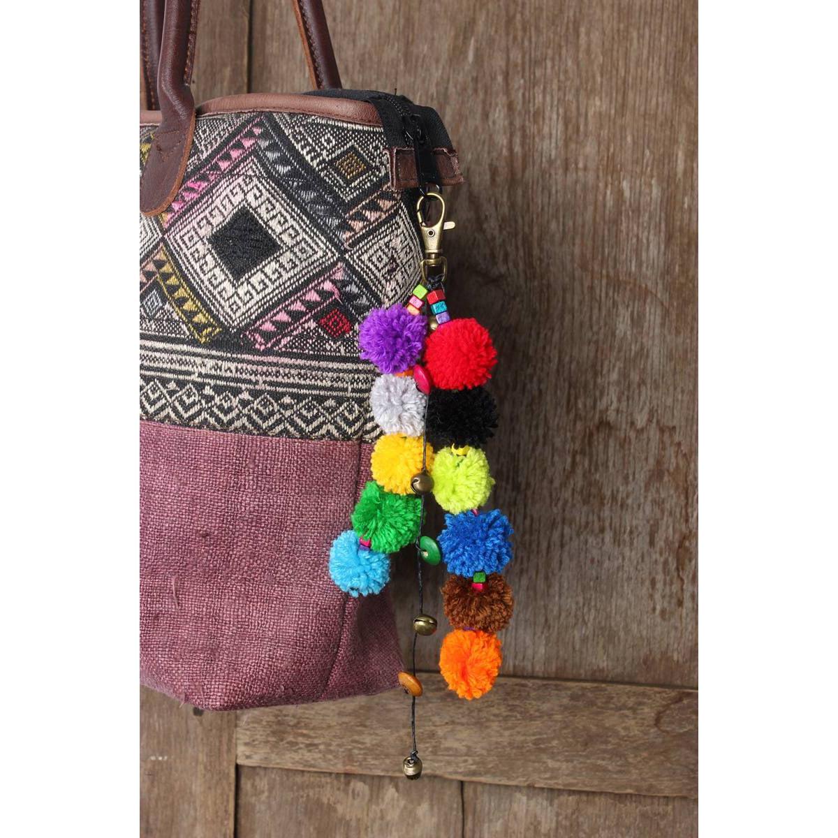 Multicolor Pom Pom Keychain with Beads and Bells | Handmade Zipper Pull | Thailand Accessories La Vie Bien Multicolor Pom Pom Keychain with Beads and Bells | Handmade Zipper Pull | Thailand