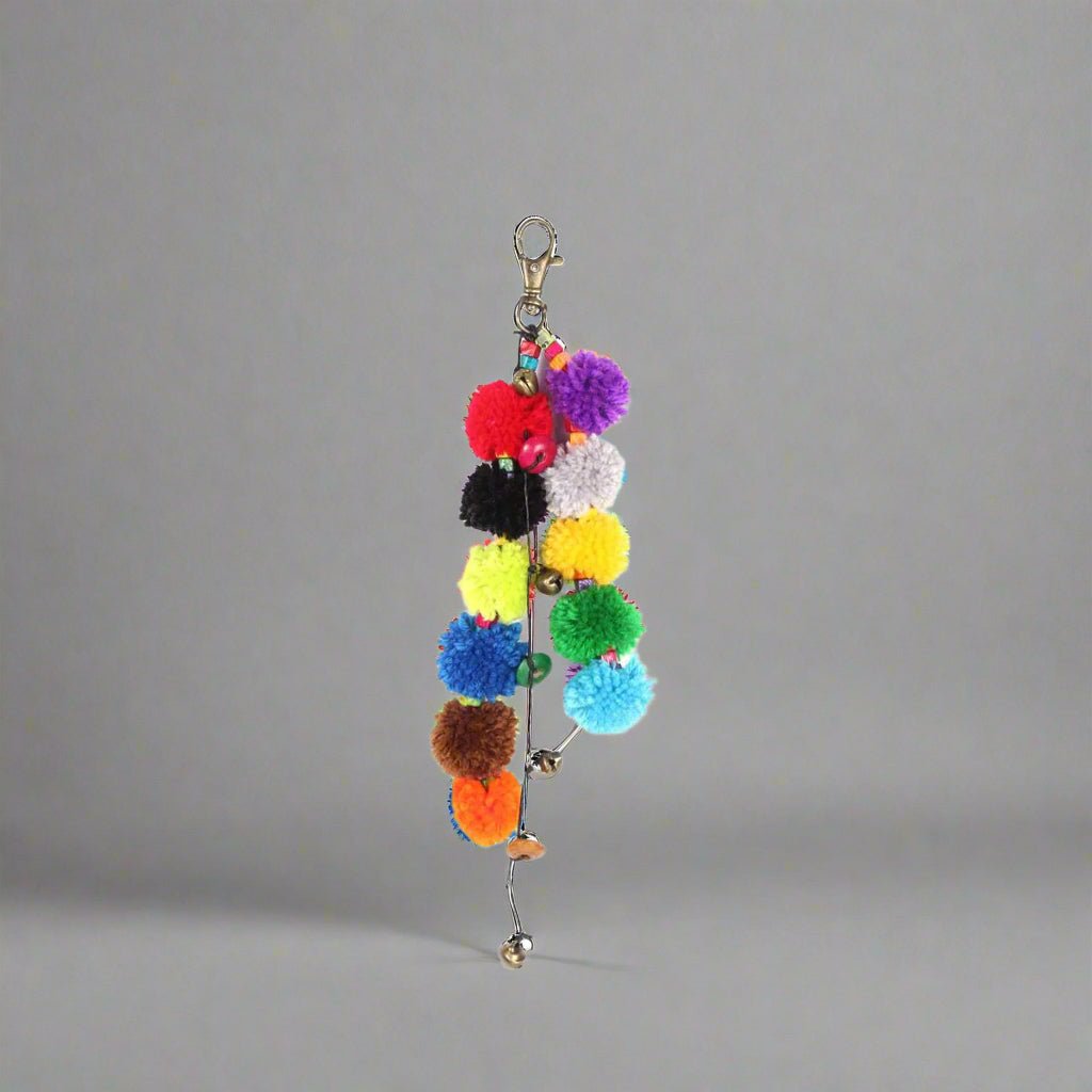 Multicolor Pom Pom Keychain with Beads and Bells | Handmade Zipper Pull | Thailand Accessories La Vie Bien Multicolor Pom Pom Keychain with Beads and Bells | Handmade Zipper Pull | Thailand