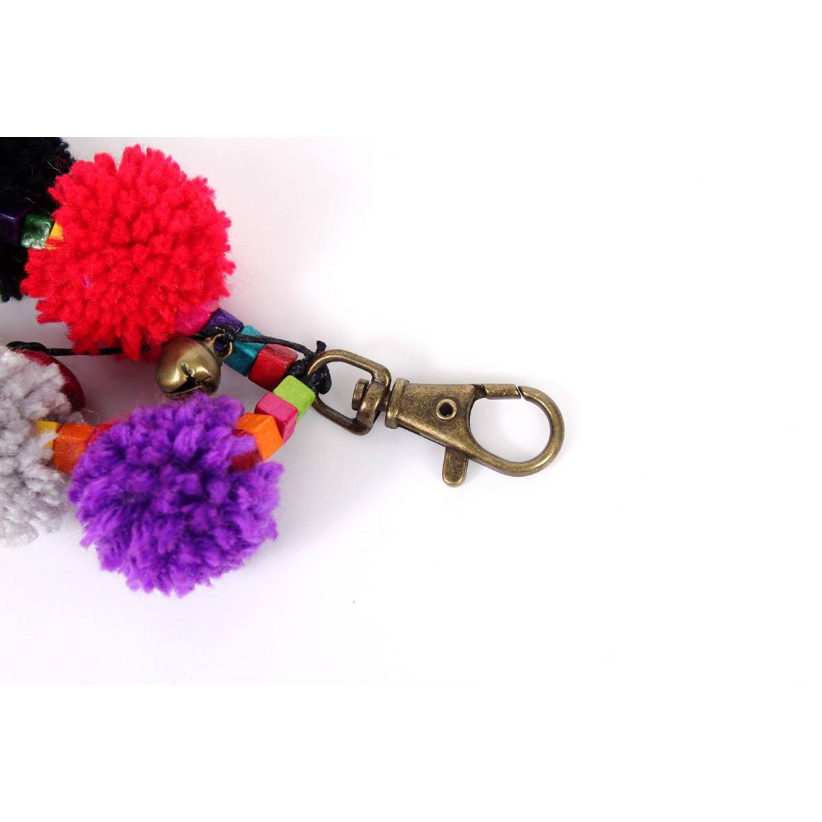 Multicolor Pom Pom Keychain with Beads and Bells | Handmade Zipper Pull | Thailand Accessories La Vie Bien Multicolor Pom Pom Keychain with Beads and Bells | Handmade Zipper Pull | Thailand