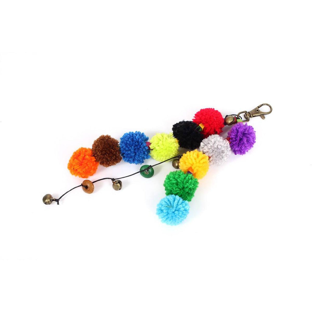 Multicolor Pom Pom Keychain with Beads and Bells | Handmade Zipper Pull | Thailand Accessories La Vie Bien Multicolor Pom Pom Keychain with Beads and Bells | Handmade Zipper Pull | Thailand
