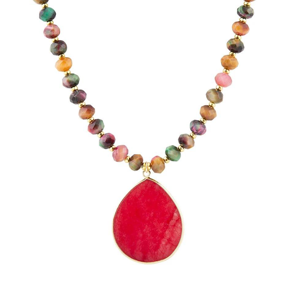 Jeweled Multicolor Tiger's Eye and Pink Jade Pendant Golden Necklace by Barse Jewelry