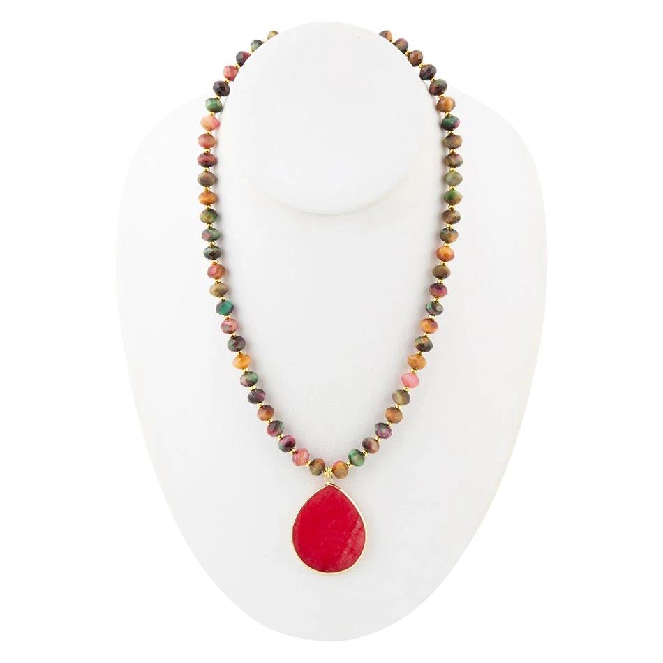 Jeweled Multicolor Tiger's Eye and Pink Jade Pendant Golden Necklace by Barse Jewelry
