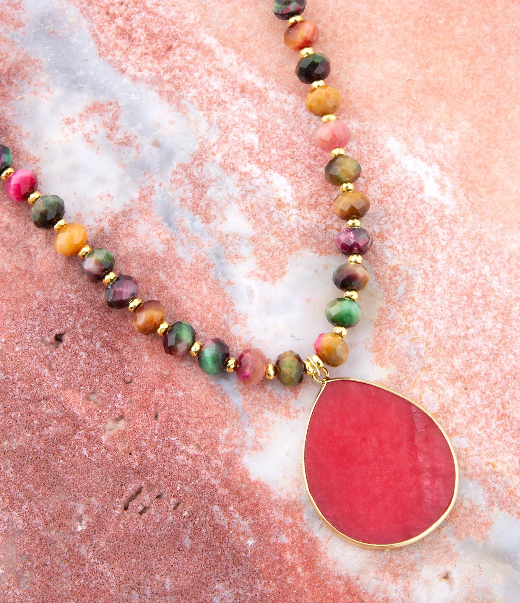 Jeweled Multicolor Tiger's Eye and Pink Jade Pendant Golden Necklace by Barse Jewelry