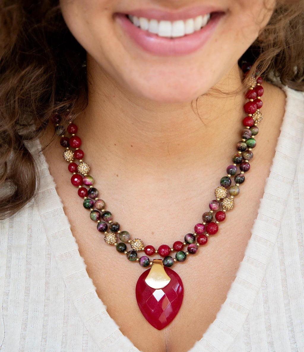 Jeweled Multi-Color Tiger's Eye and Rasberry Quartz Pendant Golden Necklace by Barse Jewelry