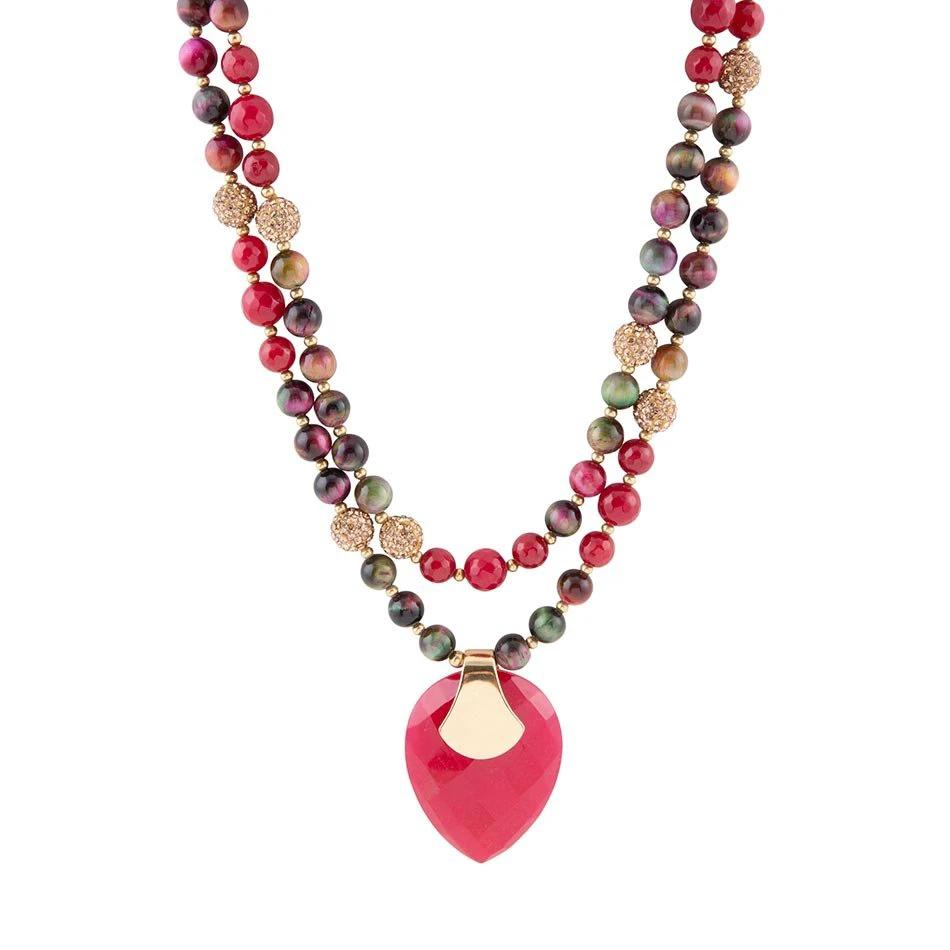 Jeweled Multi-Color Tiger's Eye and Rasberry Quartz Pendant Golden Necklace by Barse Jewelry