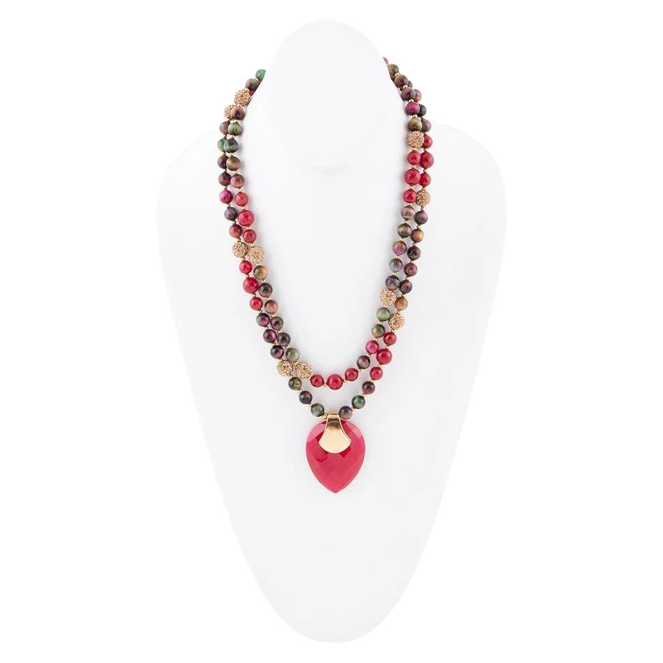 Jeweled Multi-Color Tiger's Eye and Rasberry Quartz Pendant Golden Necklace by Barse Jewelry