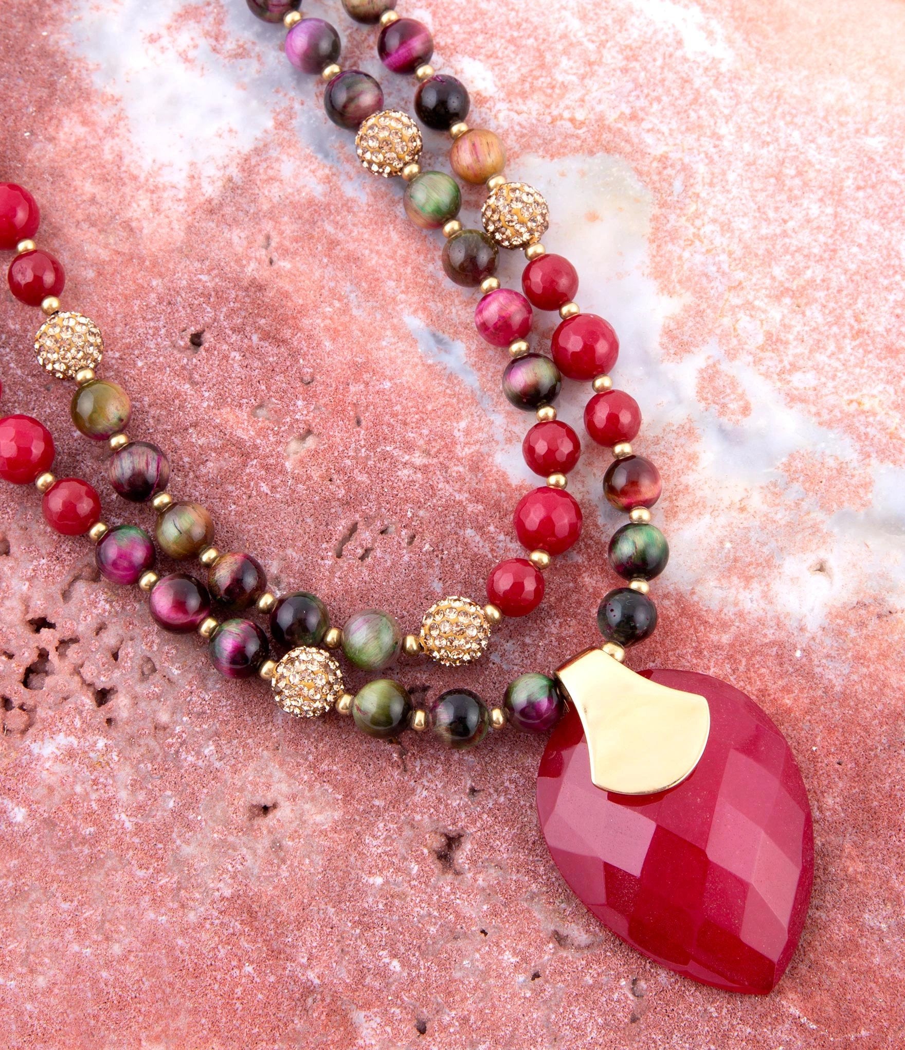 Jeweled Multi-Color Tiger's Eye and Rasberry Quartz Pendant Golden Necklace by Barse Jewelry