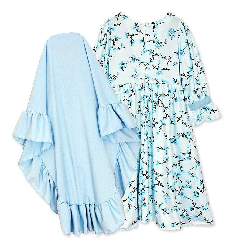 Muslimah Girls Blue Floral Dress & Khimar Set (MKG027) La Vie Bien Muslimah Girls Blue Floral Dress & Khimar Set (MKG027)